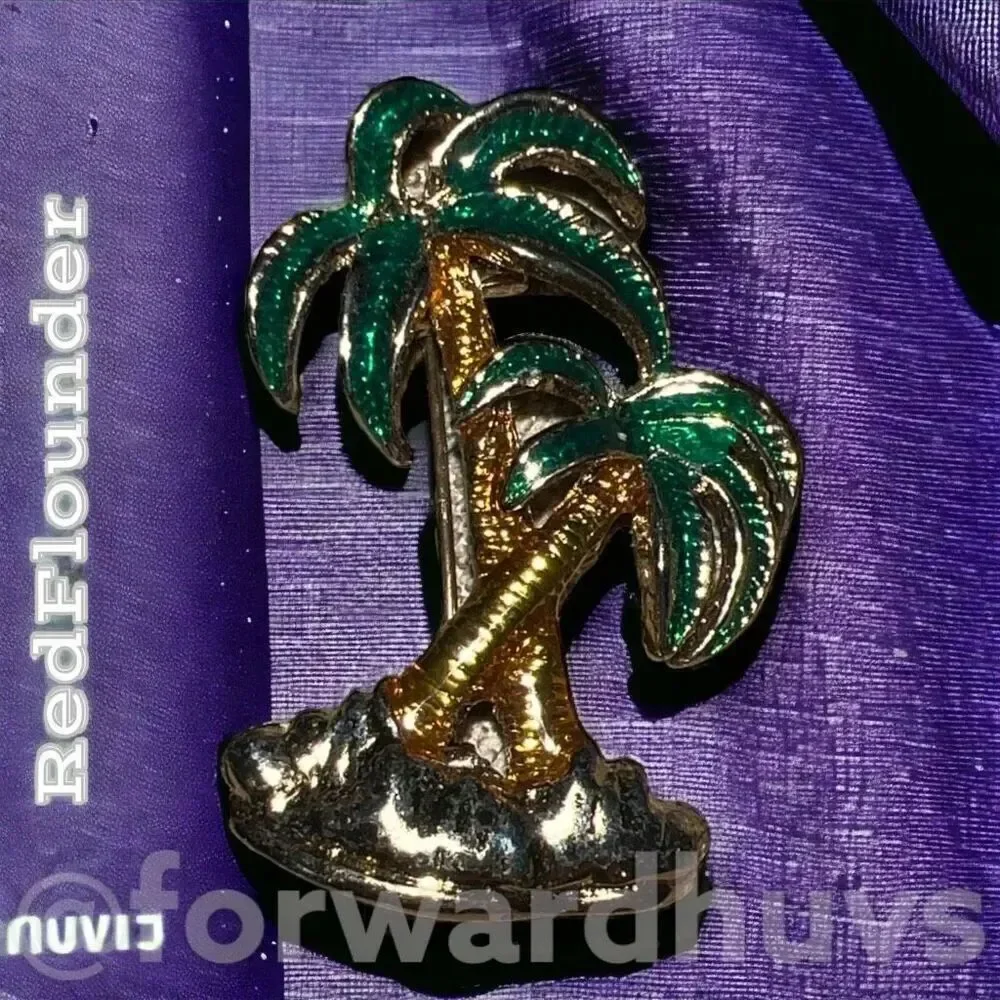Vintage Gold Tone & Enamel Palm Tree Brooch